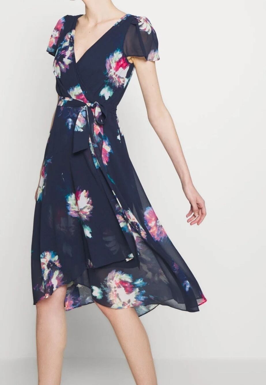 DKNY Dress Women's Size 2 NWT Navy Floral Flutter Faux Wrap Wedding Cocktail